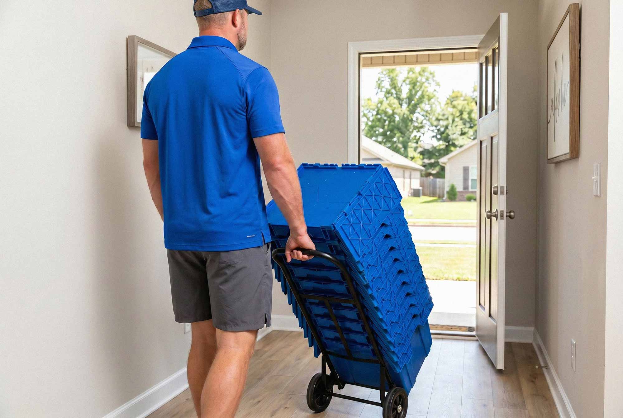 Delivery person wheeling a stack of blue reusable moving crates into a Fort Smith AR home on a hand truck