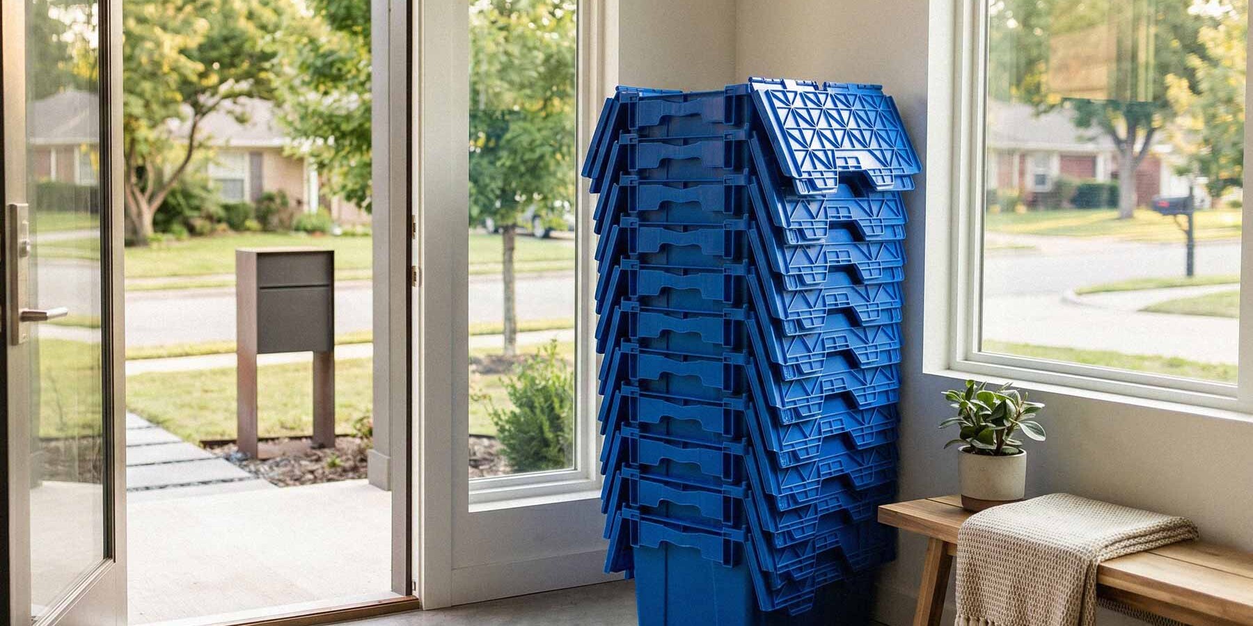 Stack of blue reusable moving crates delivered to the entryway of a Fort Smith AR home, ready for packing
